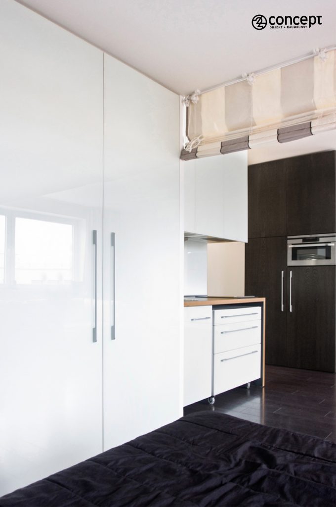 Einbauschrank und mobile Küche in 1-Zimmer Wohnung
