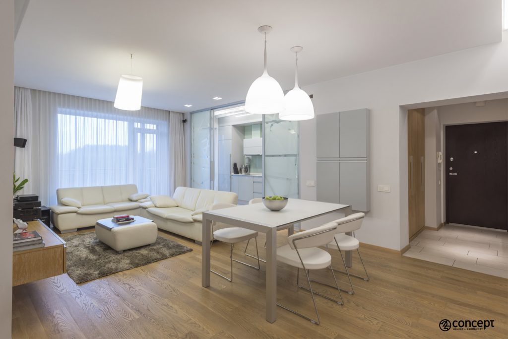 Offener Wohnraum mit Flur und Küche im modern Style